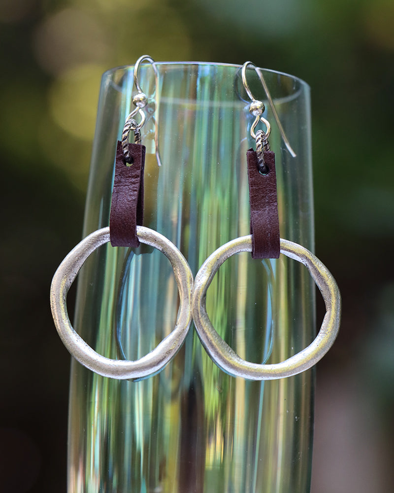 Silver Organic Circle on Leather Earrings