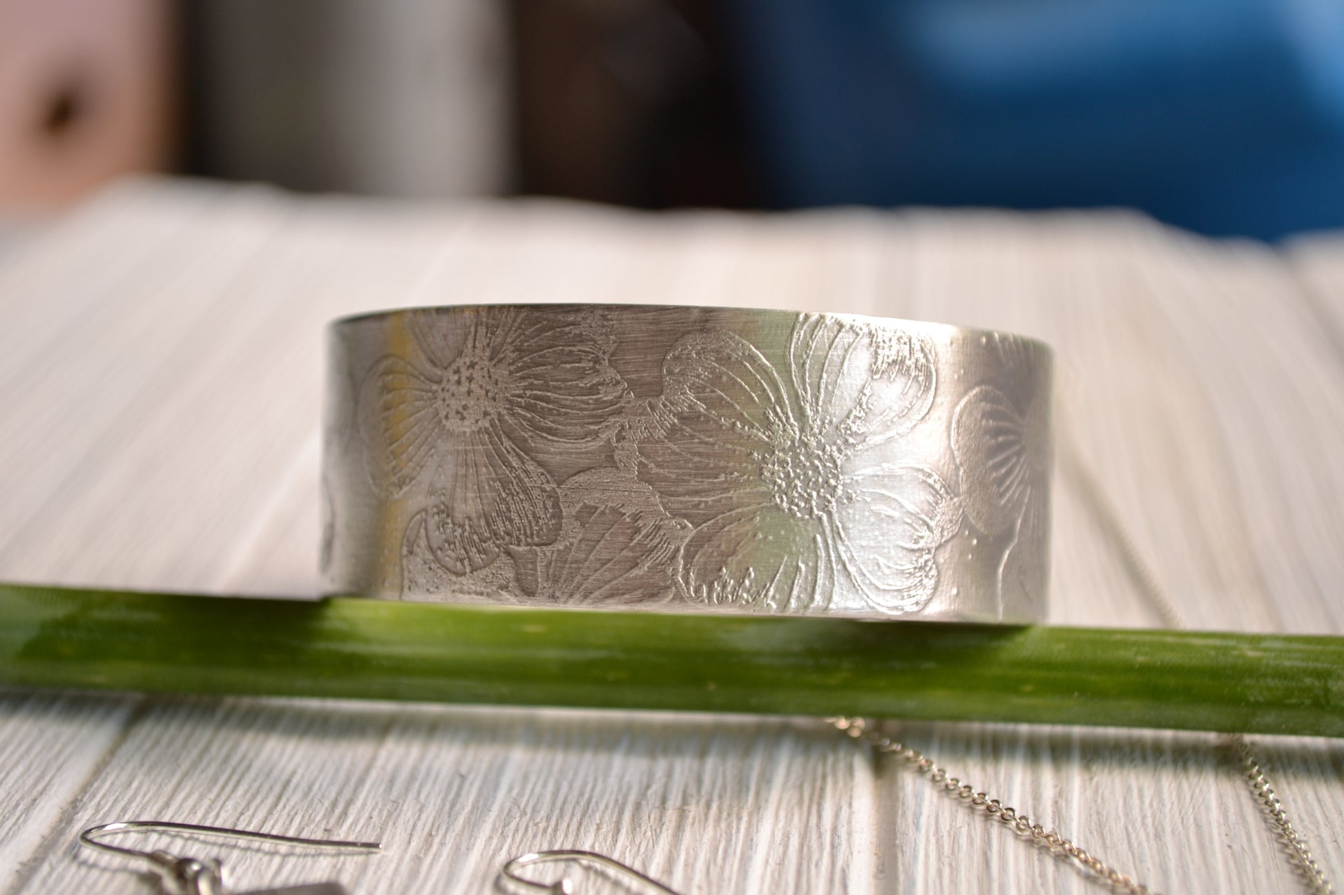 Wide Etched Pewter Cuff Bracelet