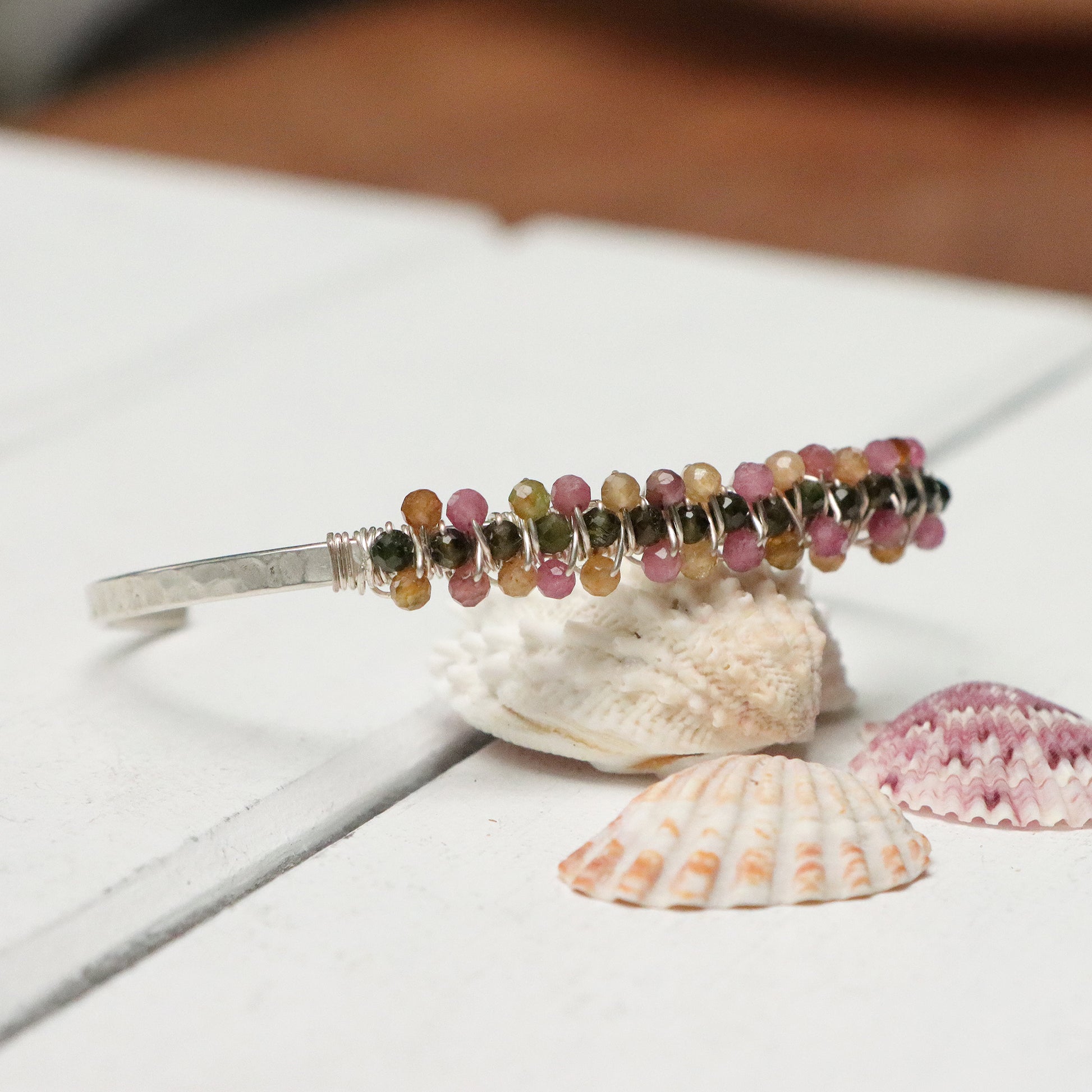 Double Wrapped Gemstone Cuff Bracelet in Silver
