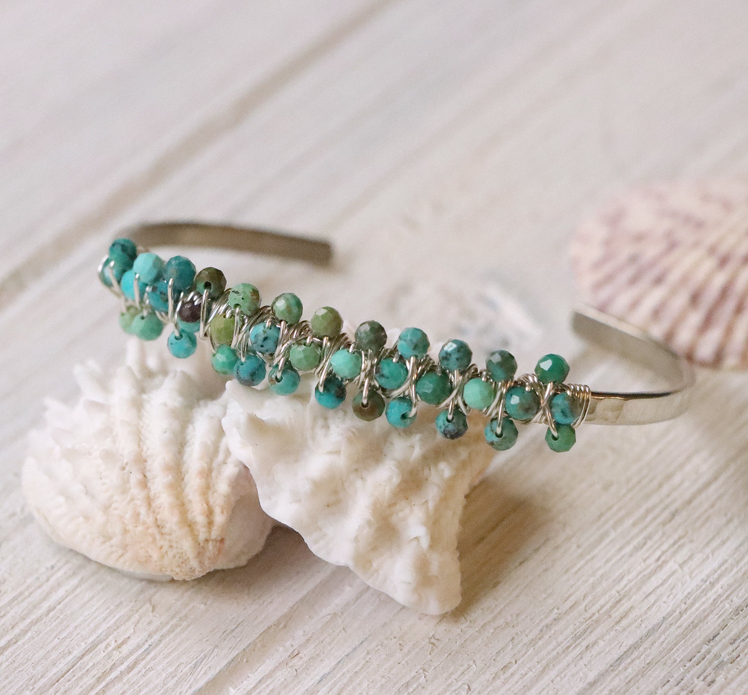 Double Wrapped Gemstone Cuff Bracelet in Silver