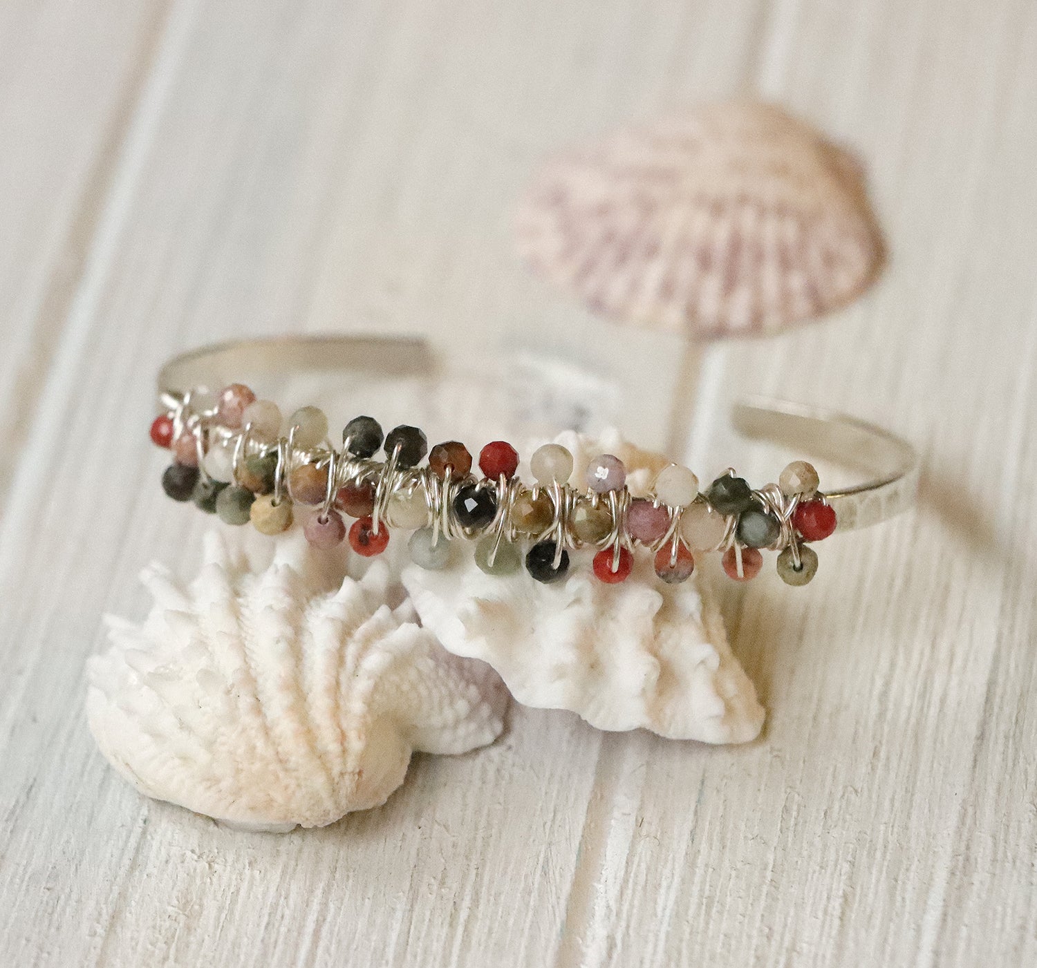 Double Wrapped Gemstone Cuff Bracelet in Silver