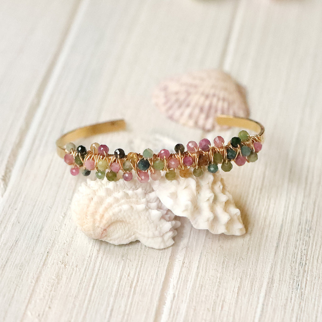 Double Wrapped Gemstone Cuff Bracelet in Gold