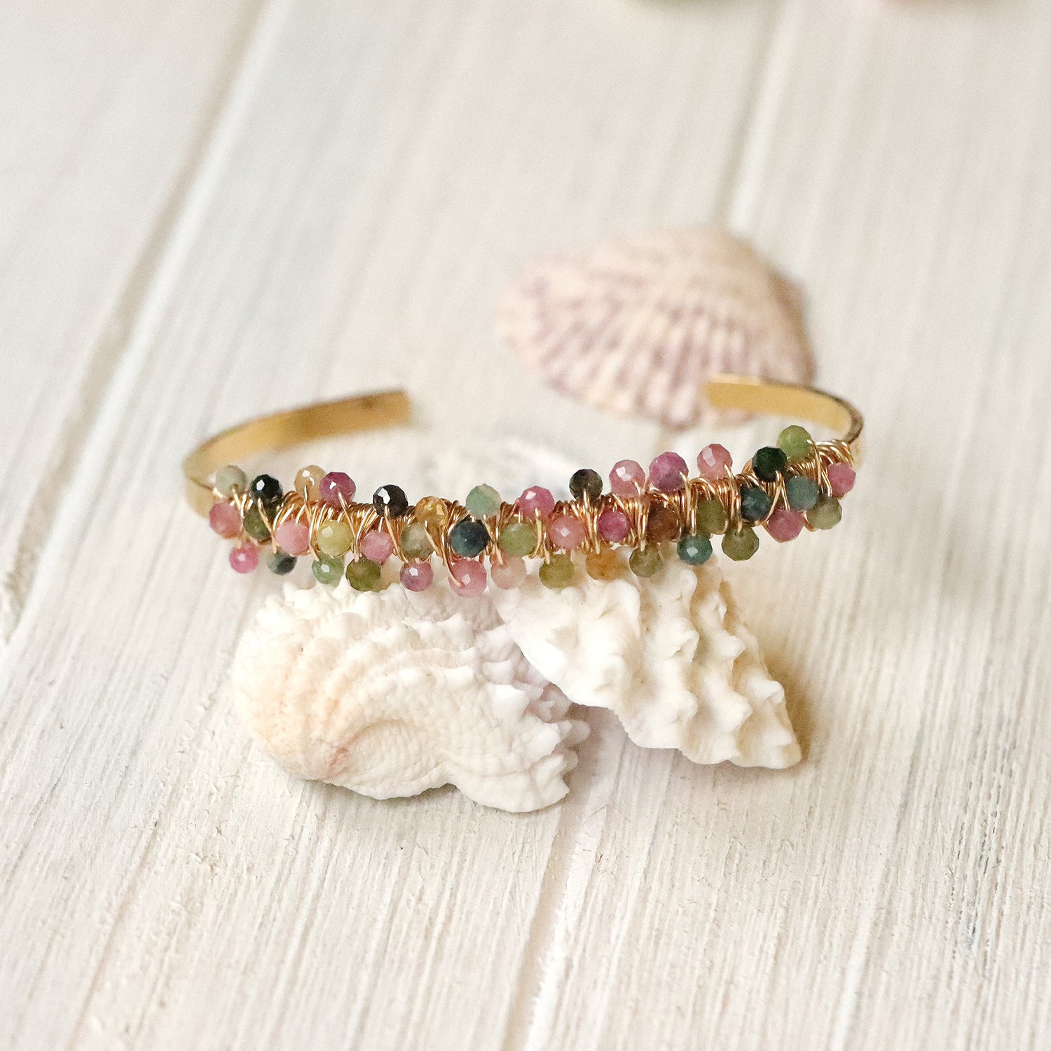 Double Wrapped Gemstone Cuff Bracelet in Gold