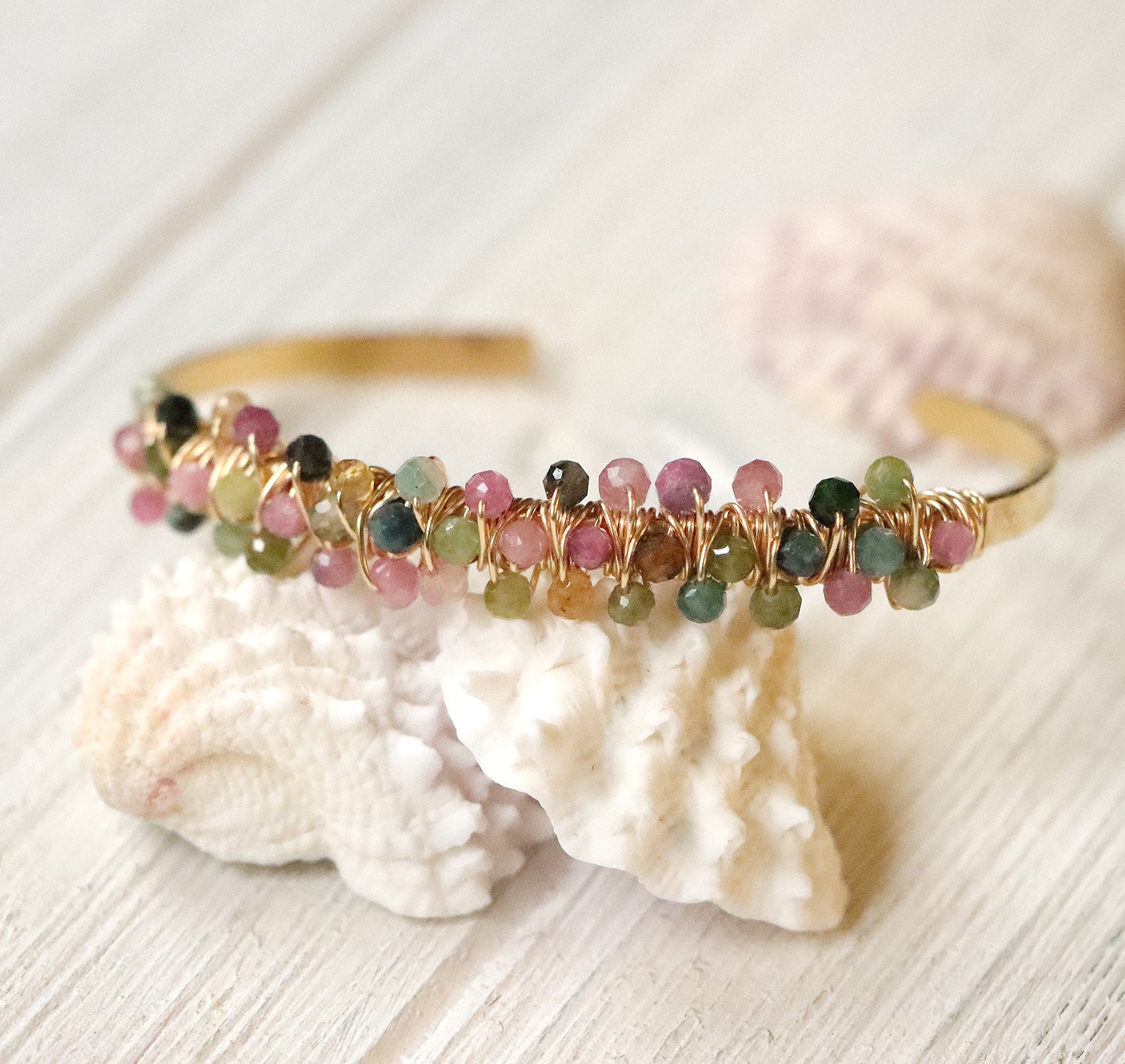 Double Wrapped Gemstone Cuff Bracelet in Gold