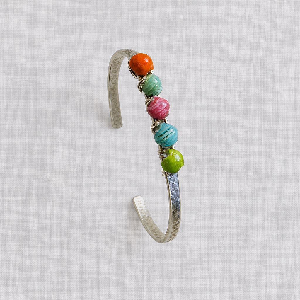 Silver Cuff Bracelet with Paper Beads