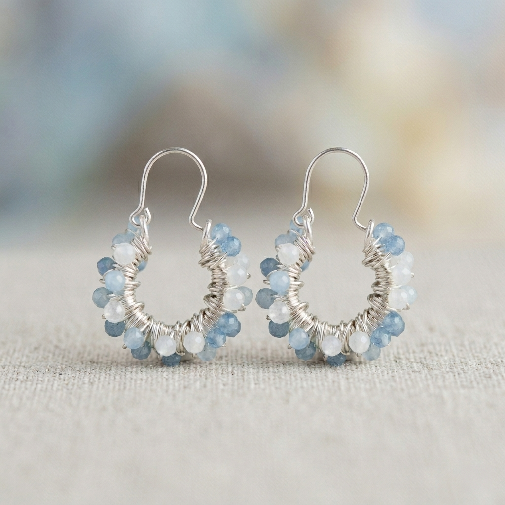 Hoop Earrings Double Wrapped with Gemstones in Silver