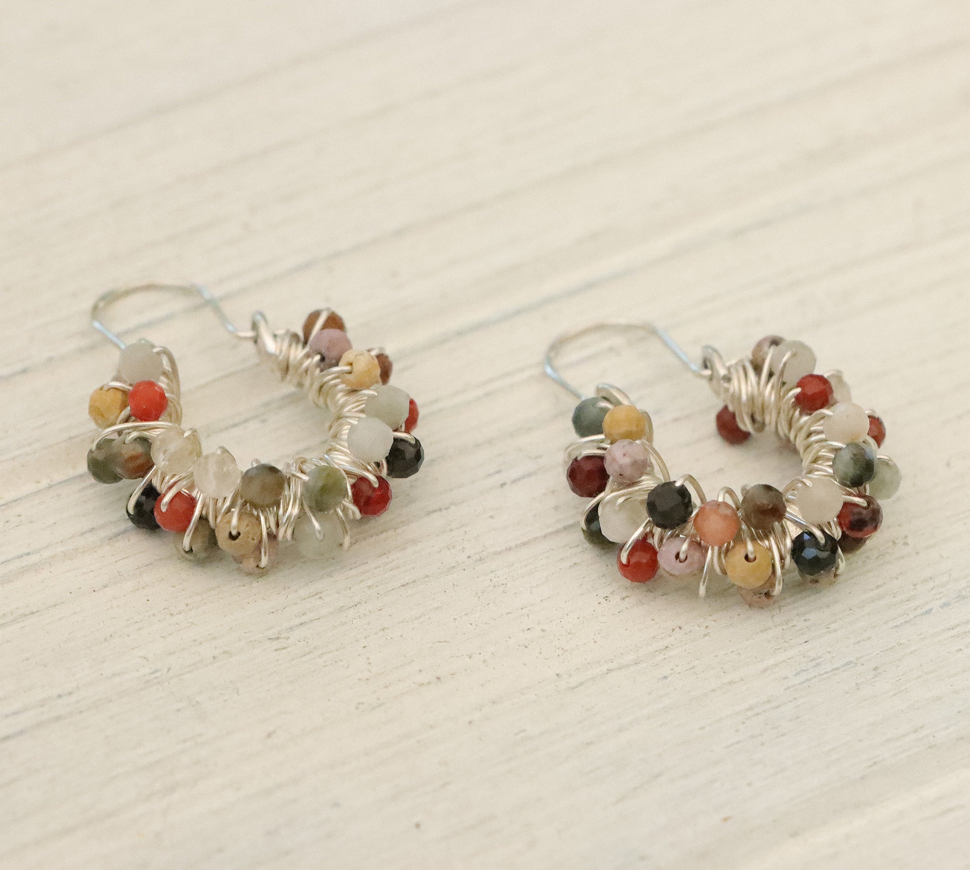 Hoop Earrings Double Wrapped with Gemstones in Silver