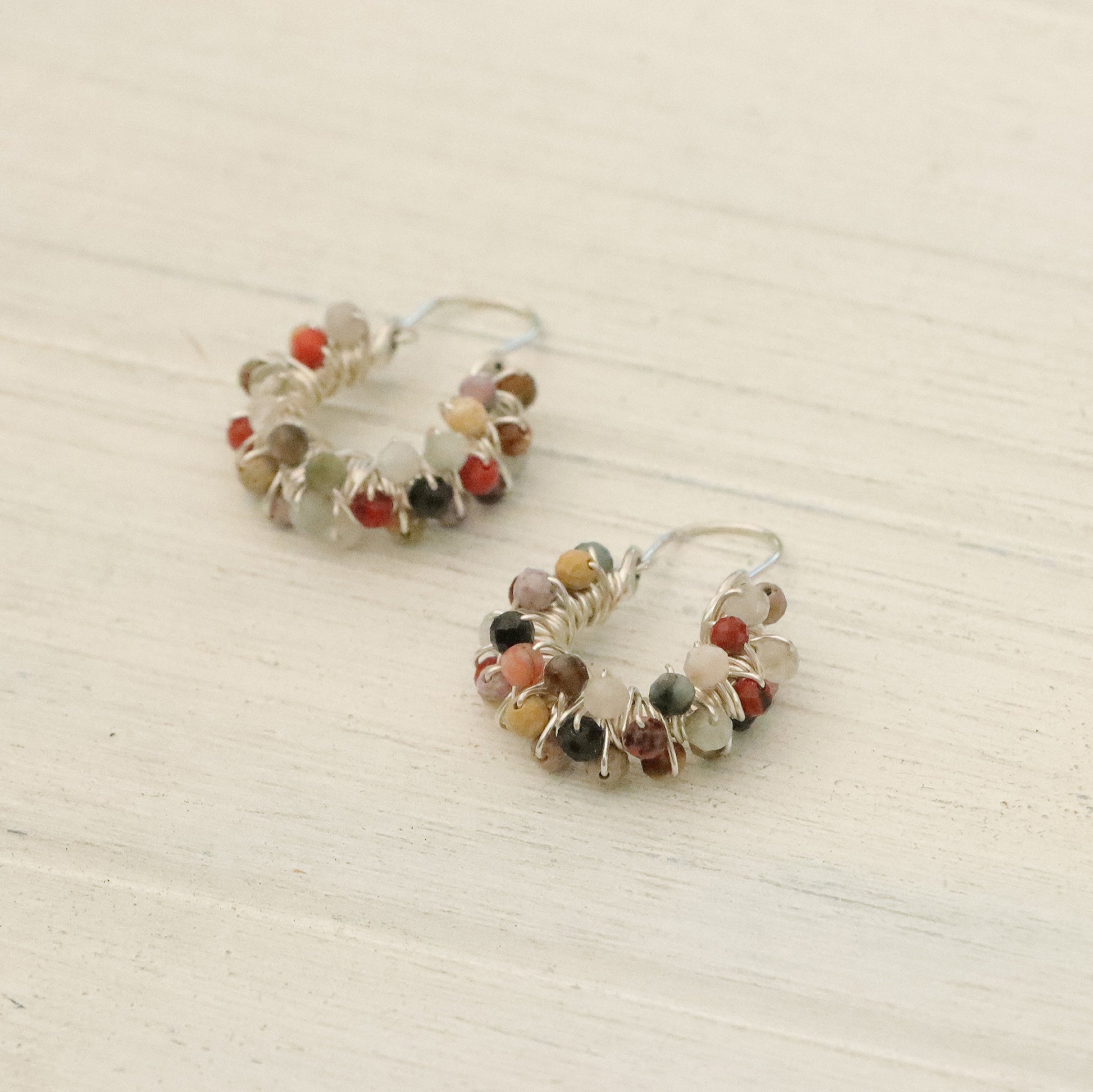 Hoop Earrings Double Wrapped with Gemstones in Silver
