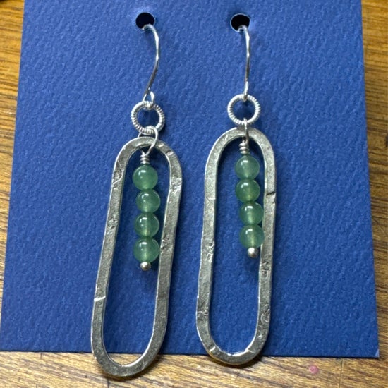 Hammered Elongated Oval with Centered Gemstones in Silver