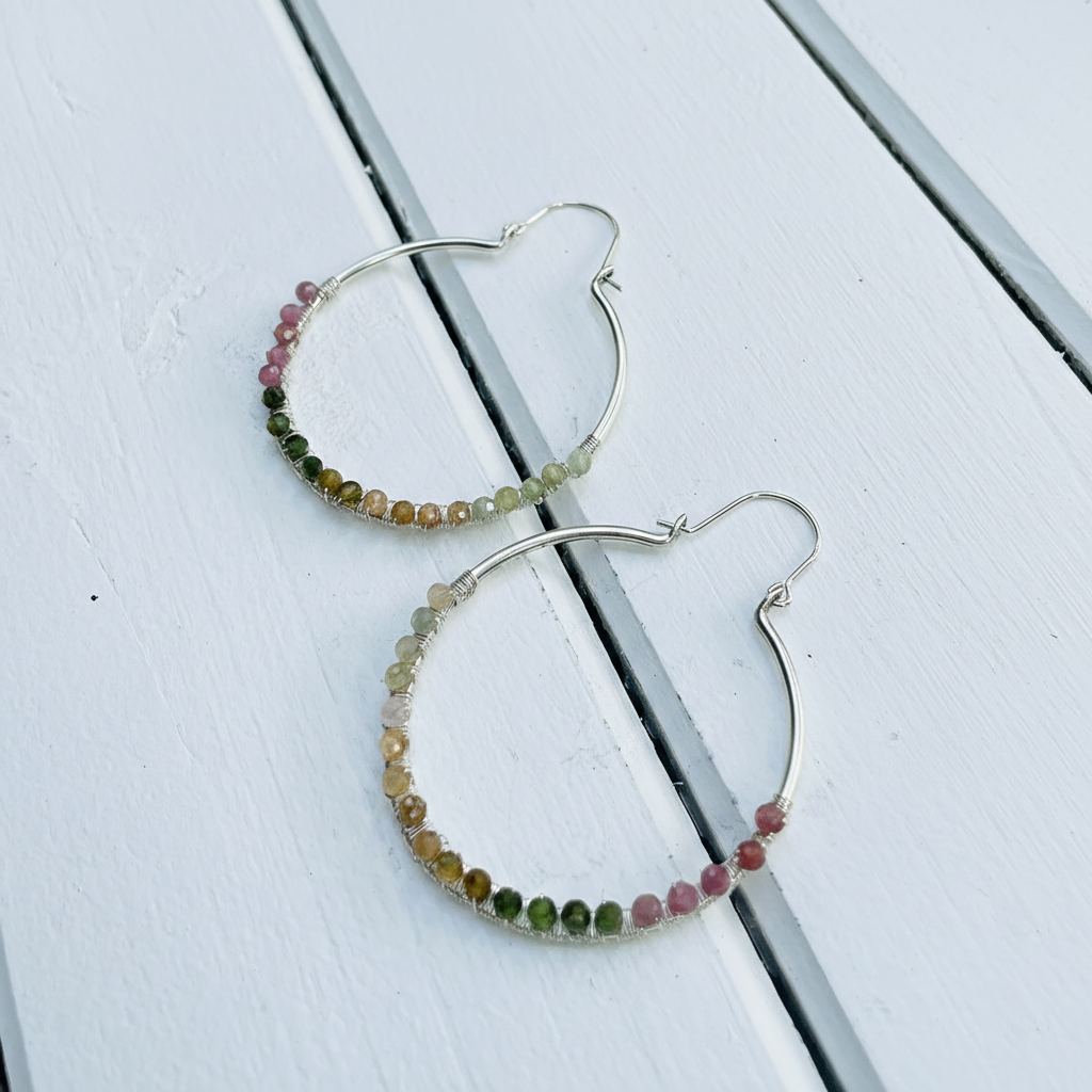 Grande Hoop Earrings with Gemstones in Silver