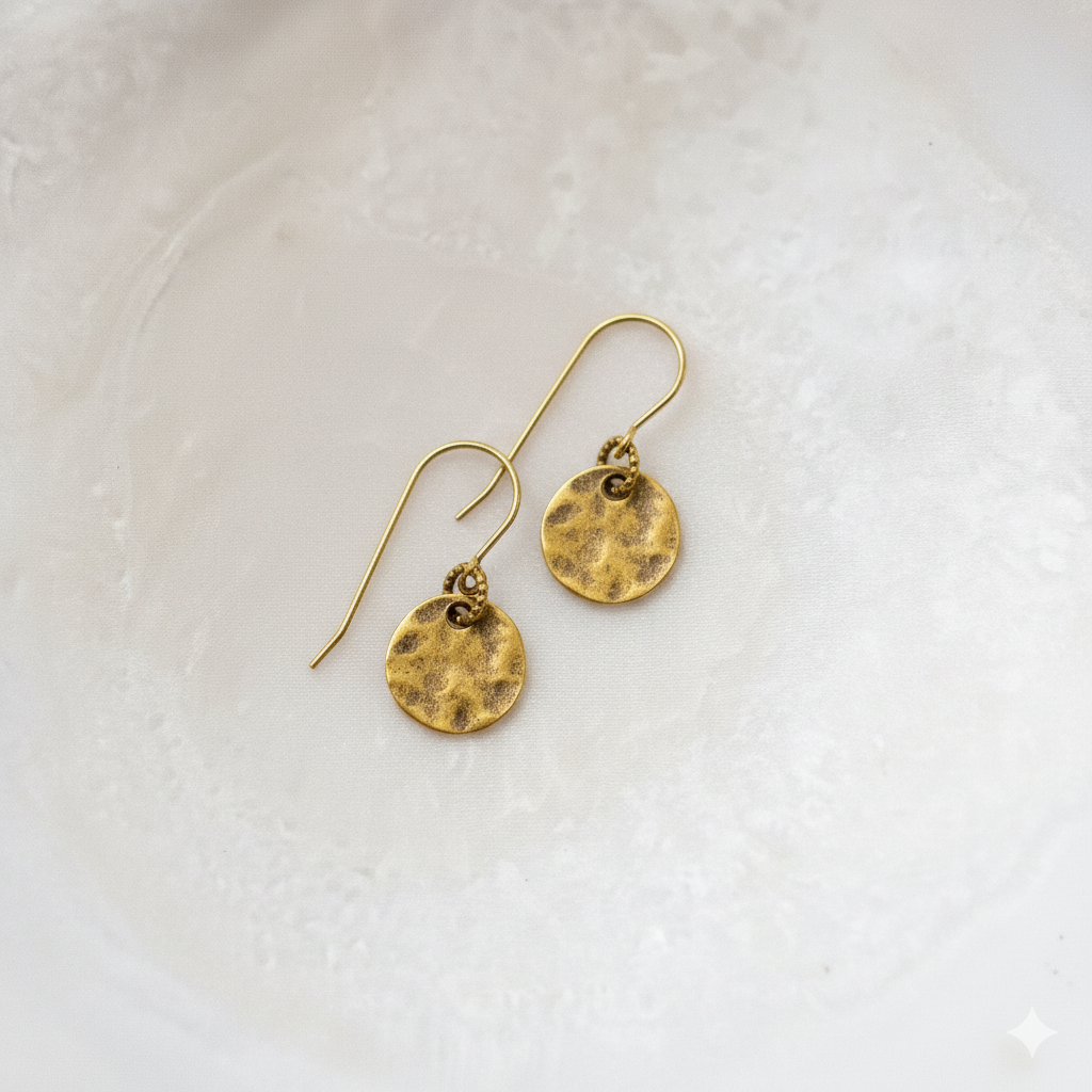 Tiny Hammered Tag Earrings in Gold