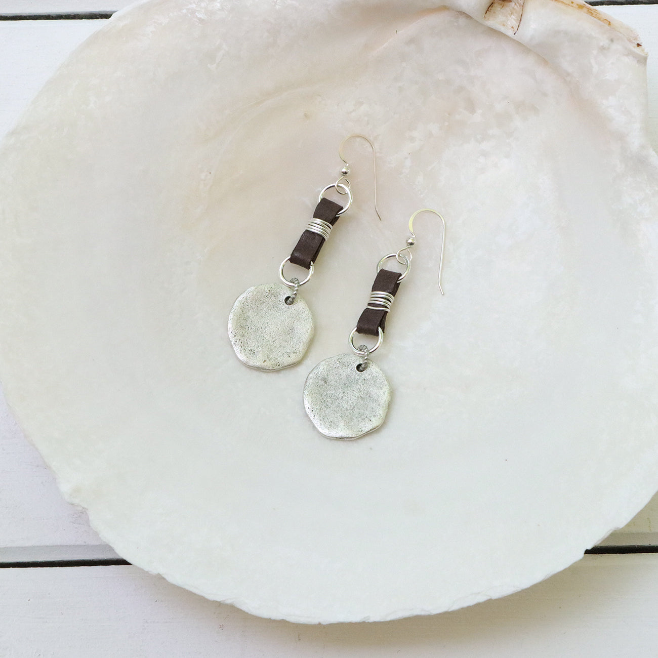 Organic Circle Tag with Leather Earrings in Silver