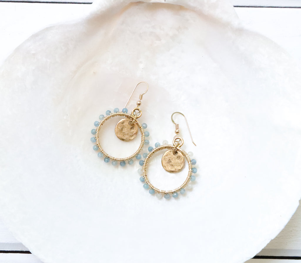 Gold Open Frame Circle Earrings with Gemstones and Tiny Tag