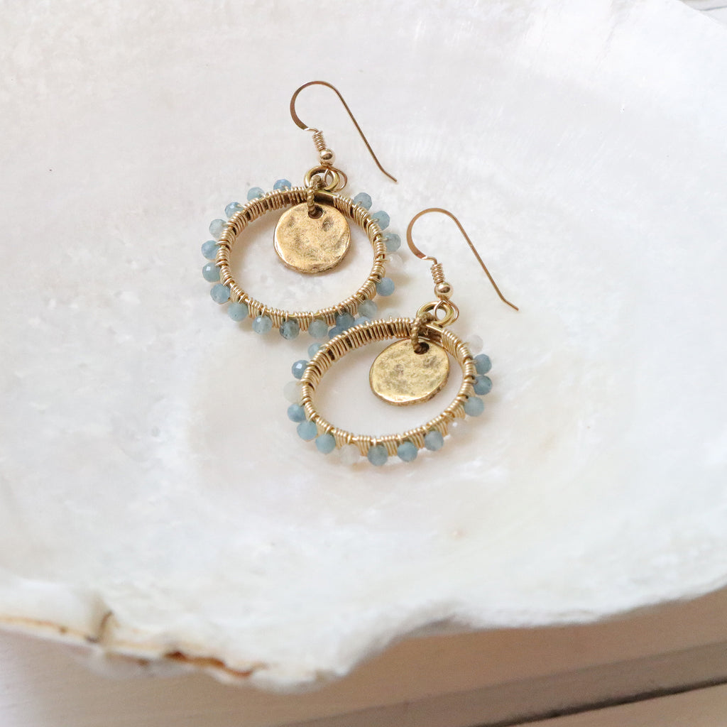 Gold Open Frame Circle Earrings with Gemstones and Tiny Tag