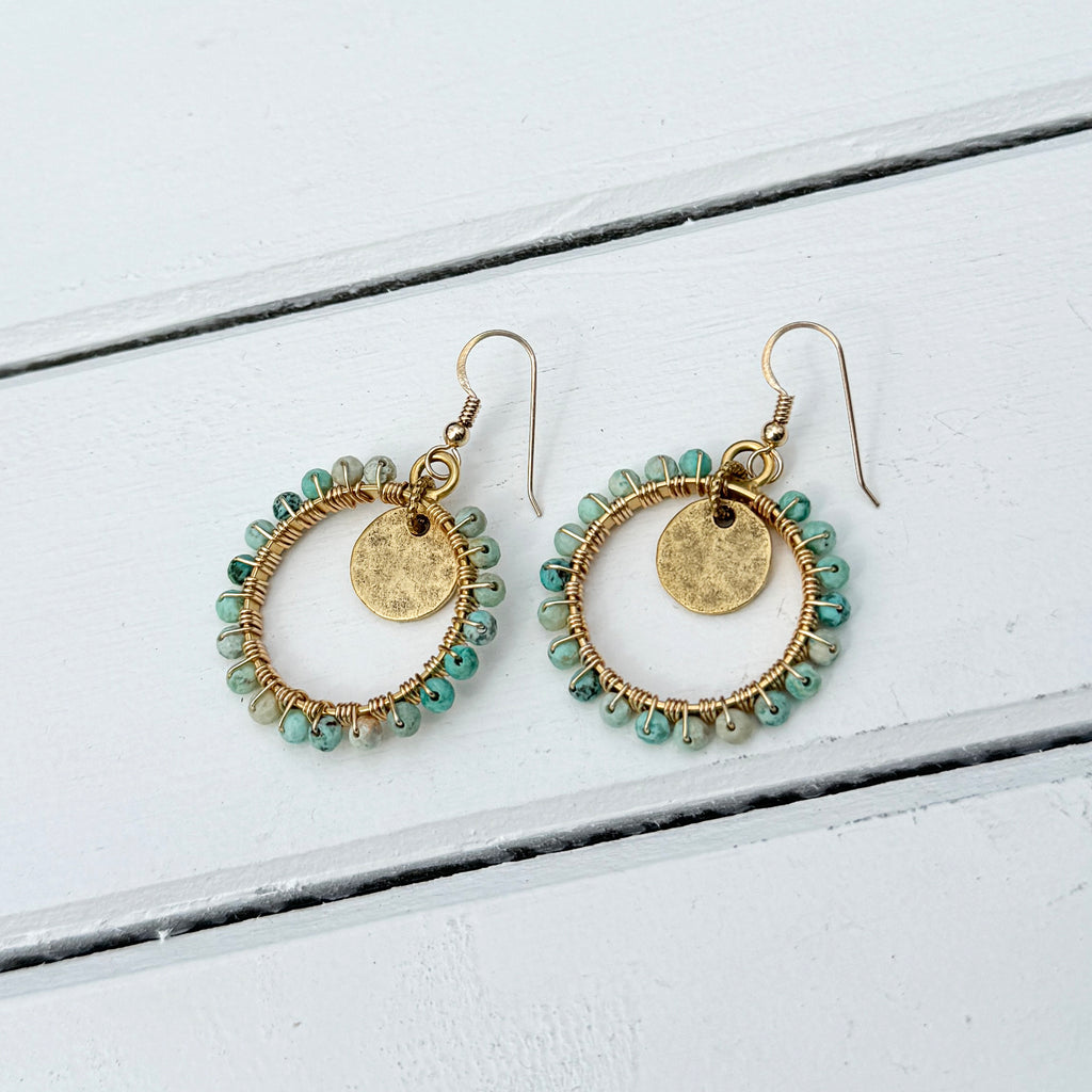 Gold Open Frame Circle Earrings with Gemstones and Tiny Tag