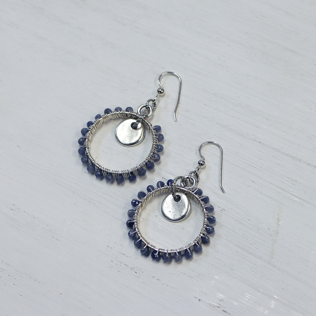 Silver Open Frame Circle Earrings with Gemstones and Tiny Tag