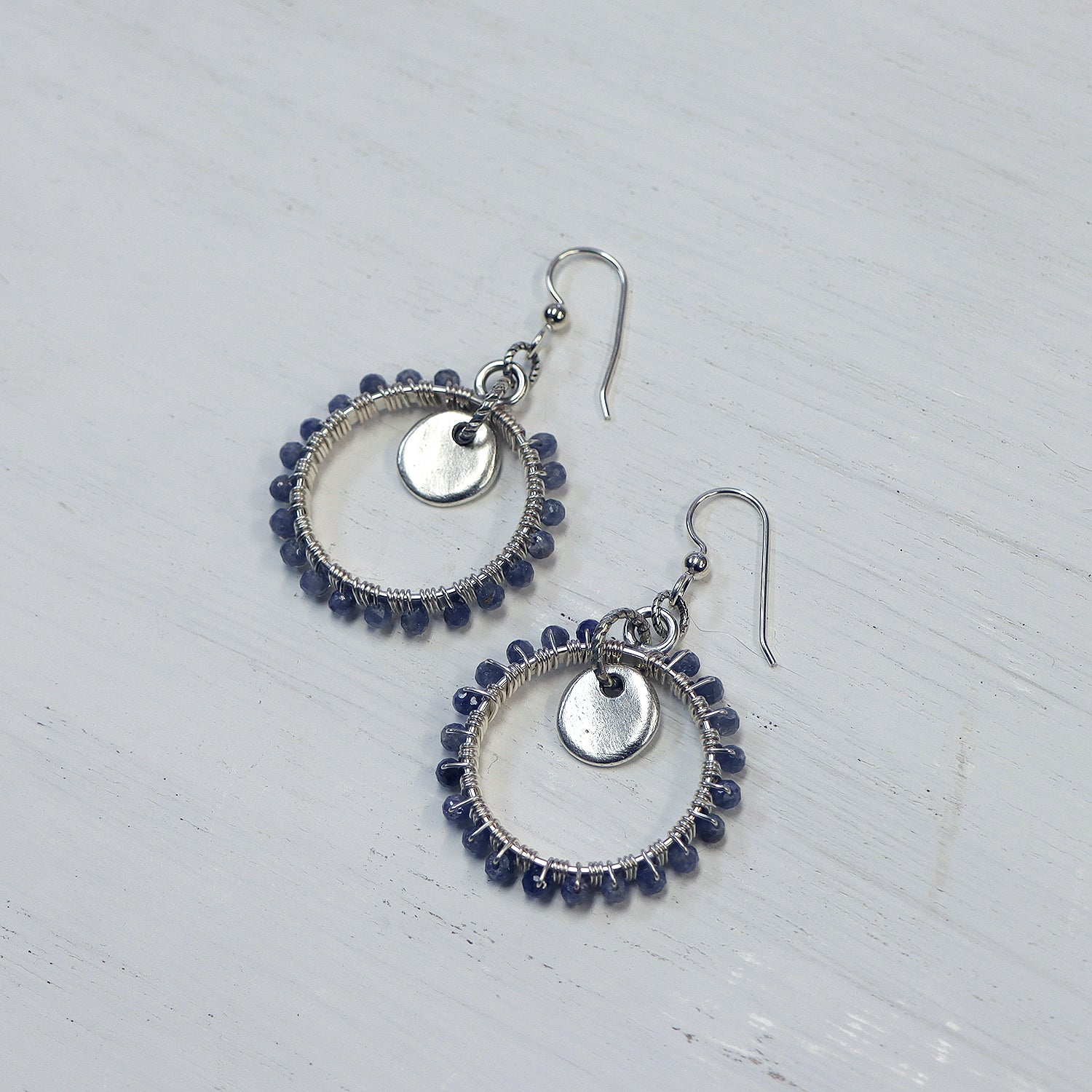 Silver Open Frame Circle Earrings with Gemstones and Tiny Tag