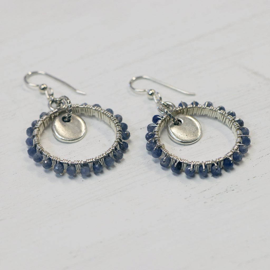 Silver Open Frame Circle Earrings with Gemstones and Tiny Tag