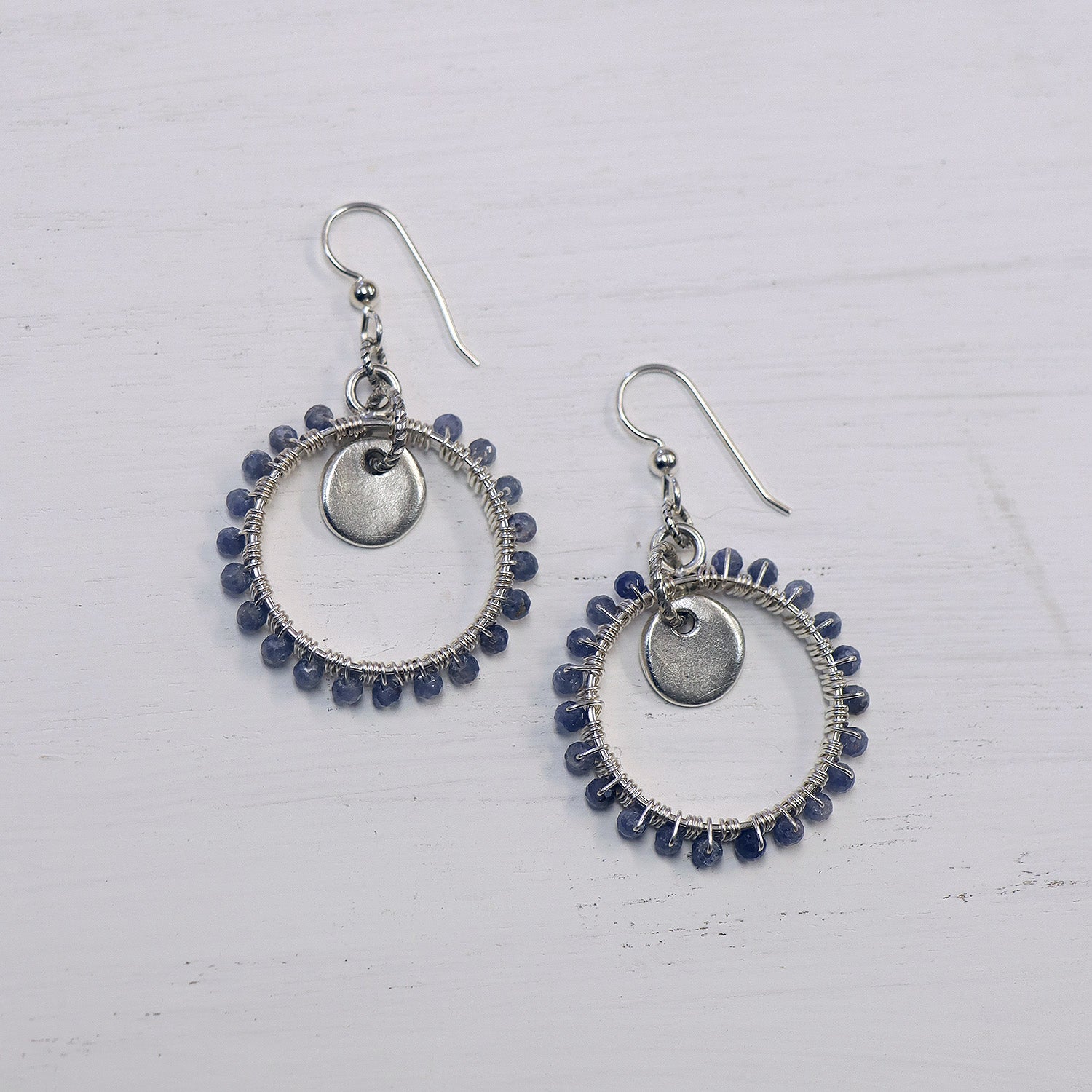 Silver Open Frame Circle Earrings with Gemstones and Tiny Tag