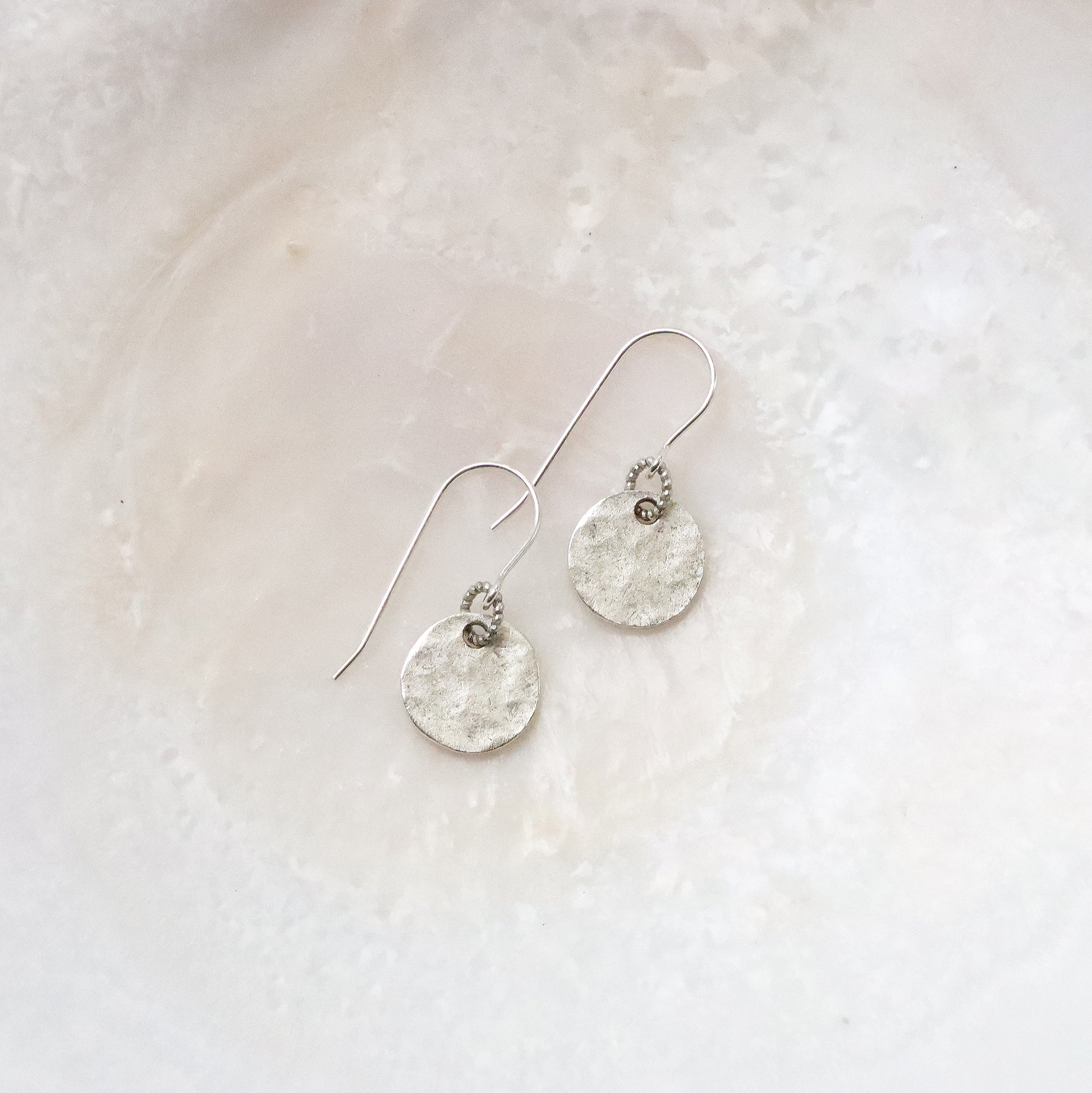 Tiny Hammered Tag Earrings in Silver