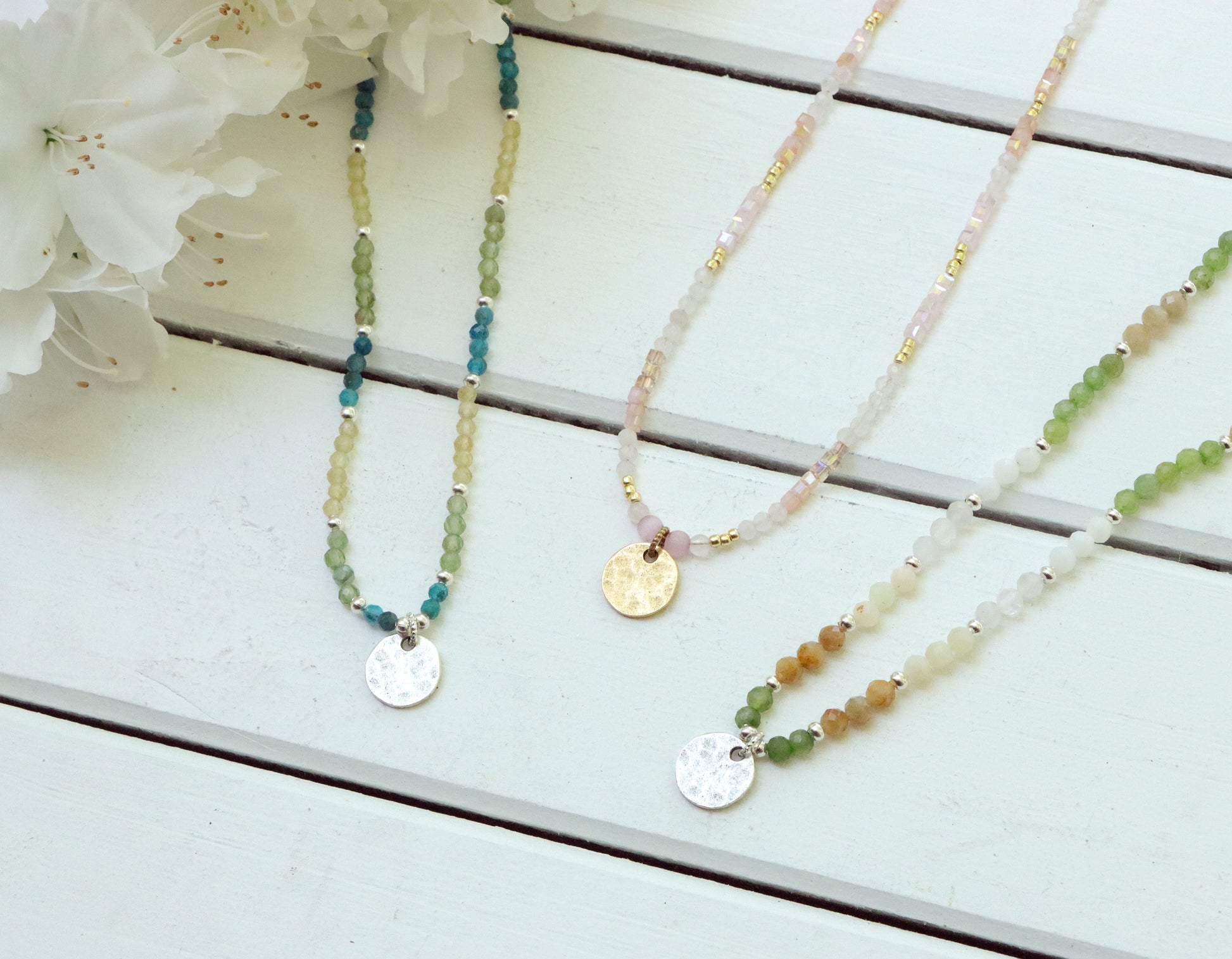 Gemstone Necklace with Hammered Tiny Tag in Silver