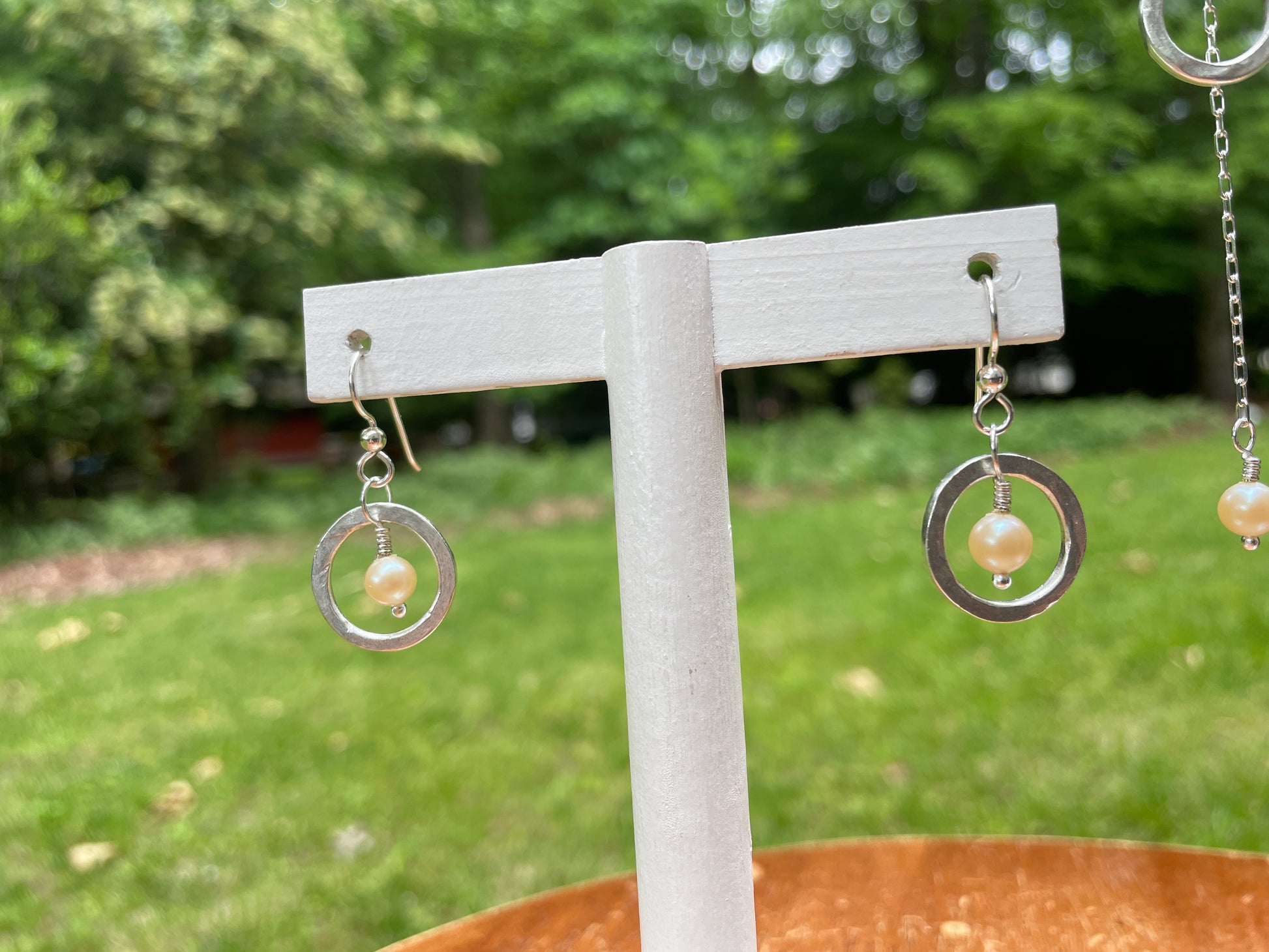 Silver Hammered Circle with Pearl Earrings
