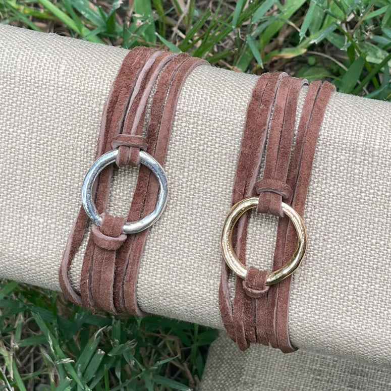Triple Wrap Leather Bracelet with Organic Circle in Gold