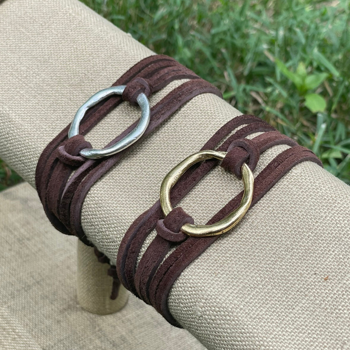 Triple Wrap Leather Bracelet with Large Organic Circle in Gold