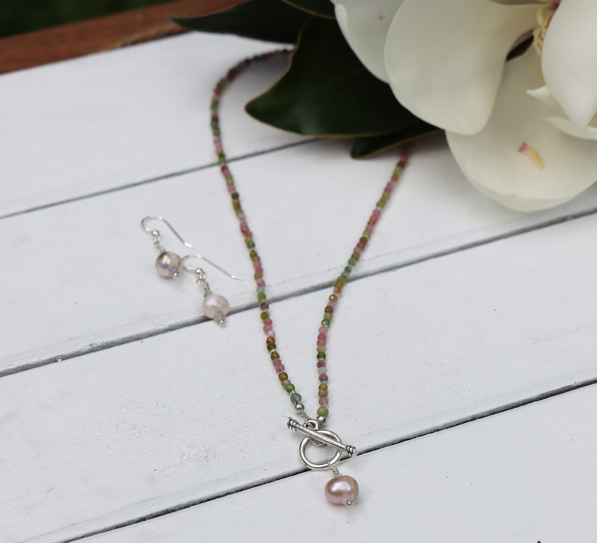 Gemstone + Pearl Toggle Necklace in Silver