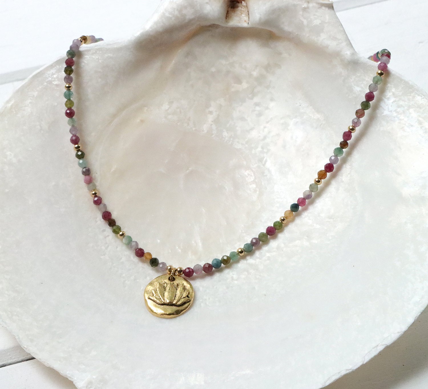 Gemstone Necklace with Large Lotus Tag in Gold