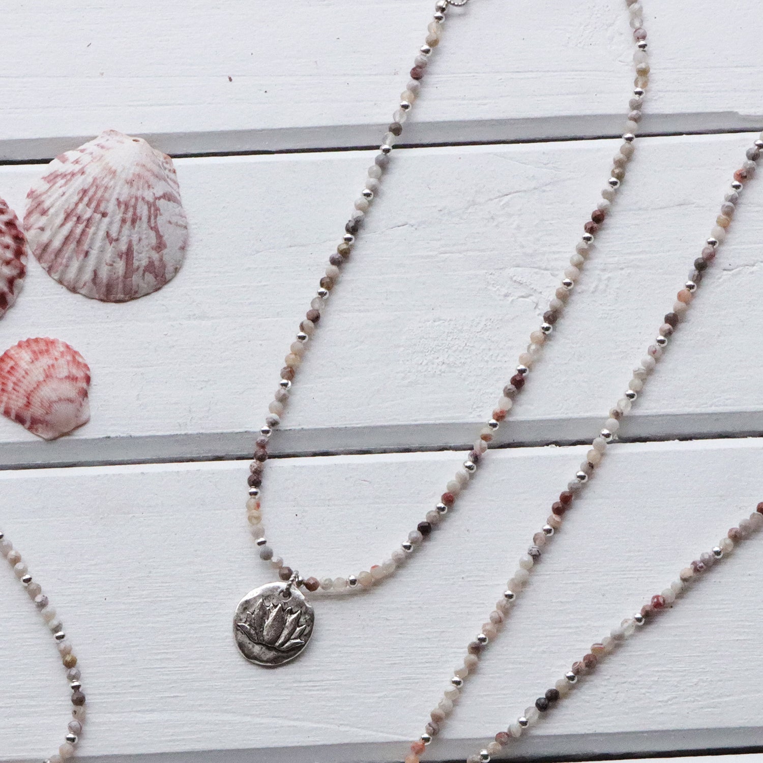 Gemstone Necklace with Large Lotus Tag in Silver