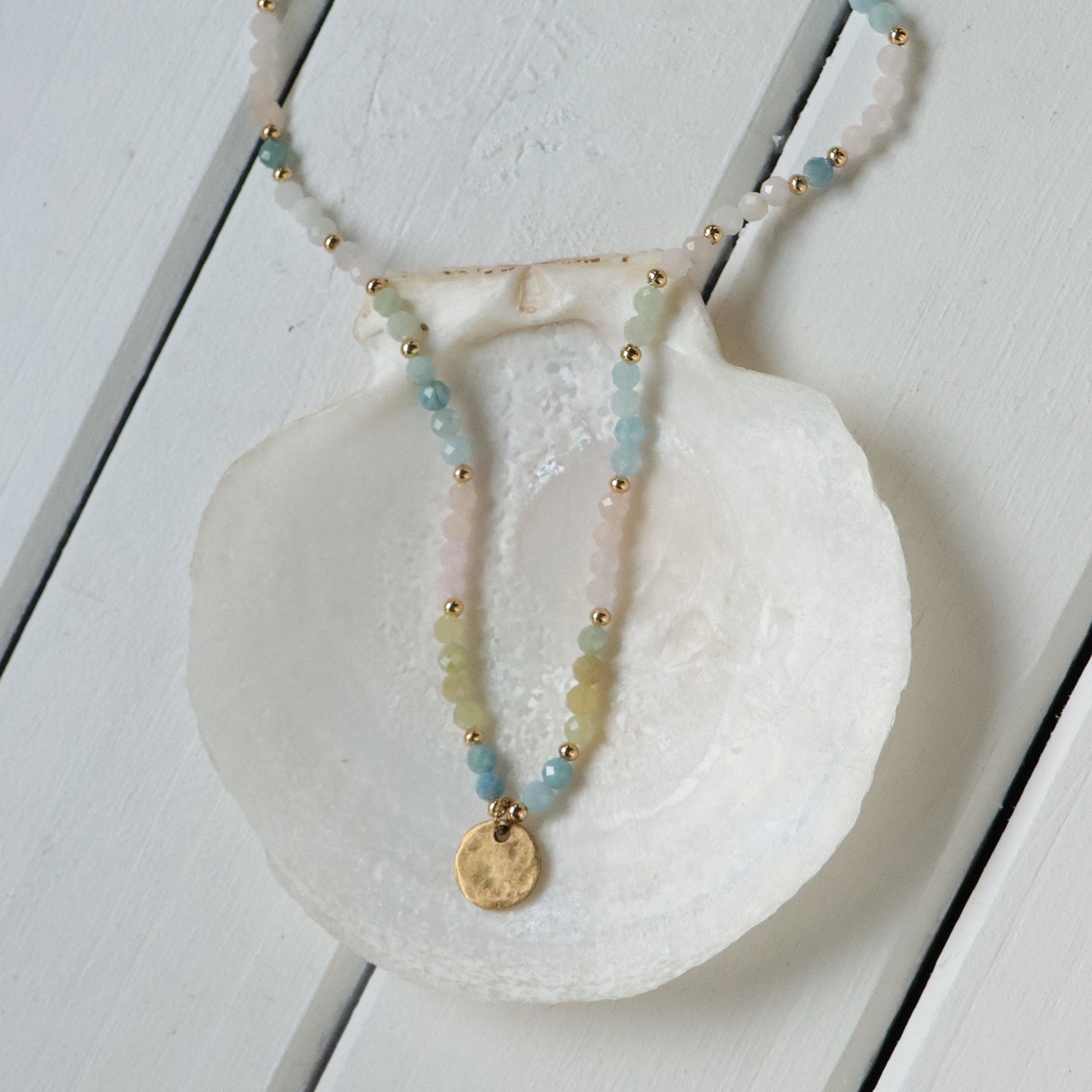 Gemstone Necklace with Hammered Tiny Tag in Gold