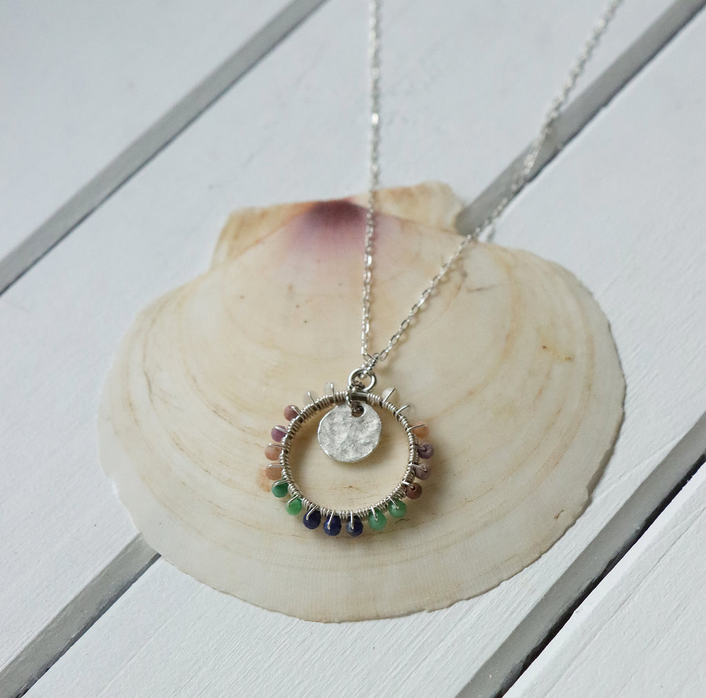 Open Frame Circle Necklace with Gemstones in Silver