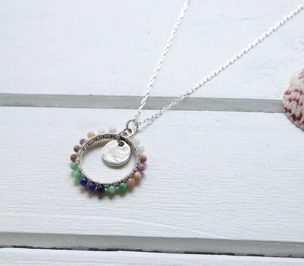 Open Frame Circle Necklace with Gemstones in Silver
