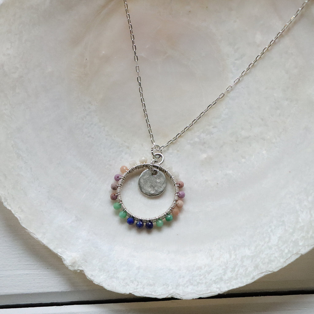 Open Frame Circle Necklace with Gemstones in Silver