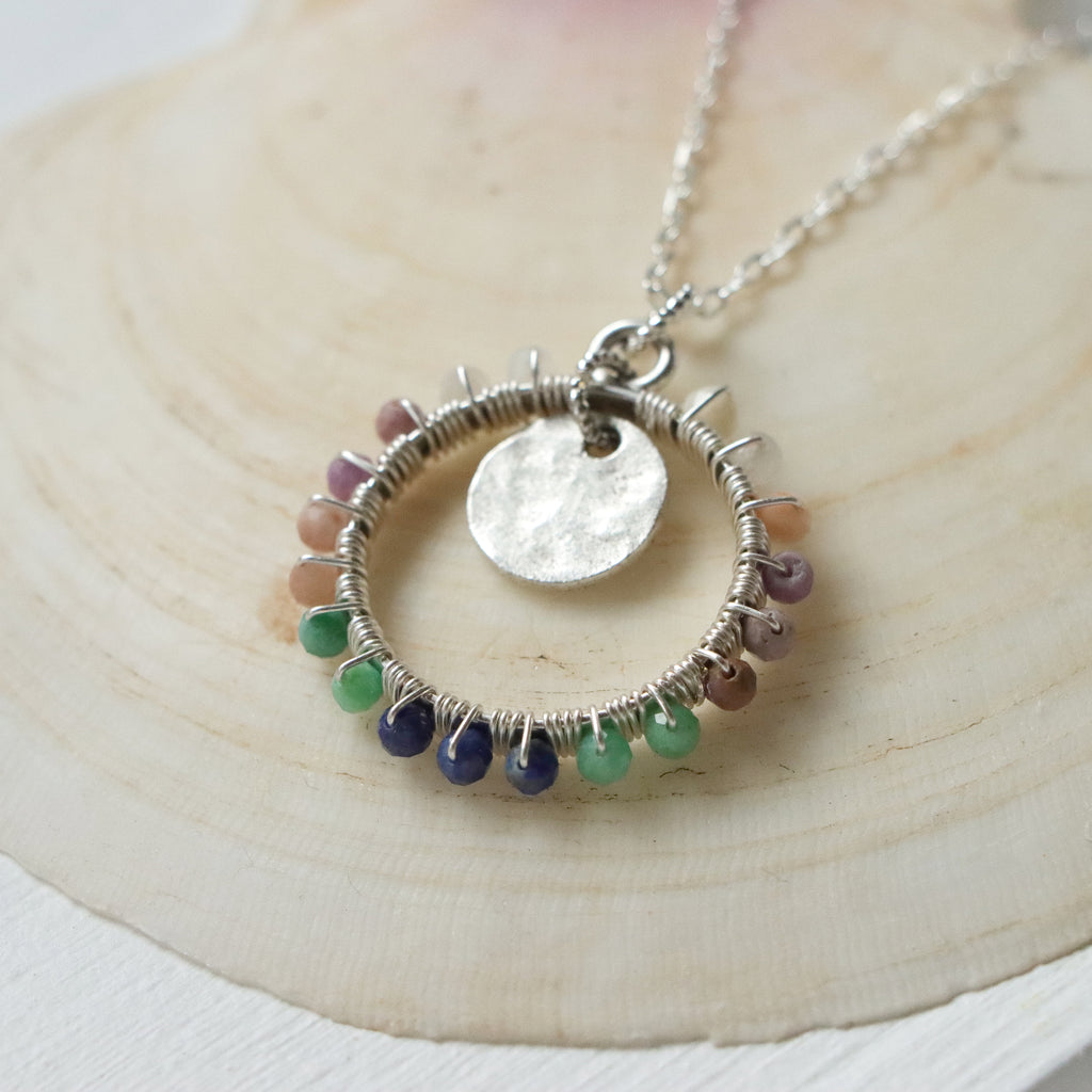 Open Frame Circle Necklace with Gemstones in Silver