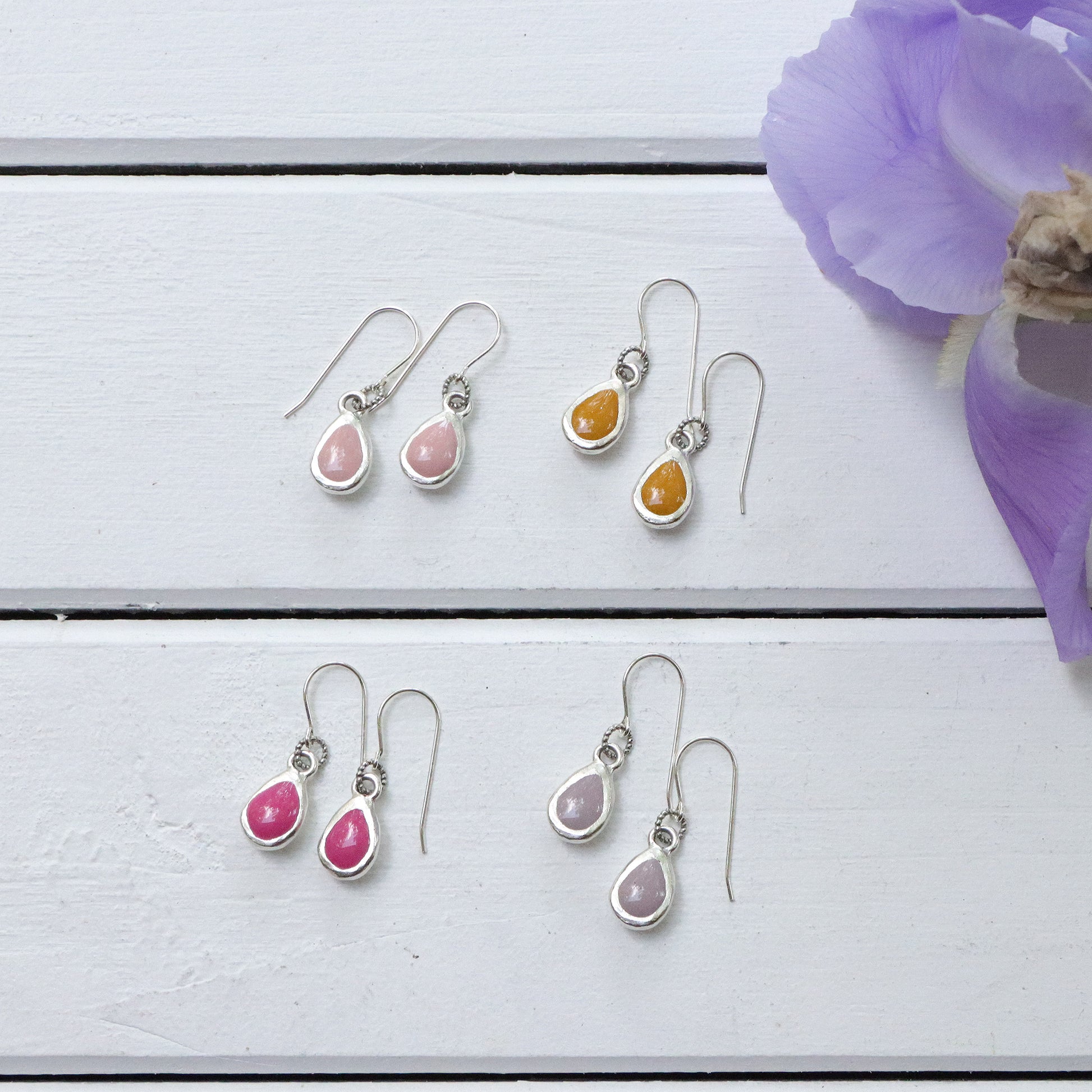 Organic Teardrop Earrings with Resin in Silver
