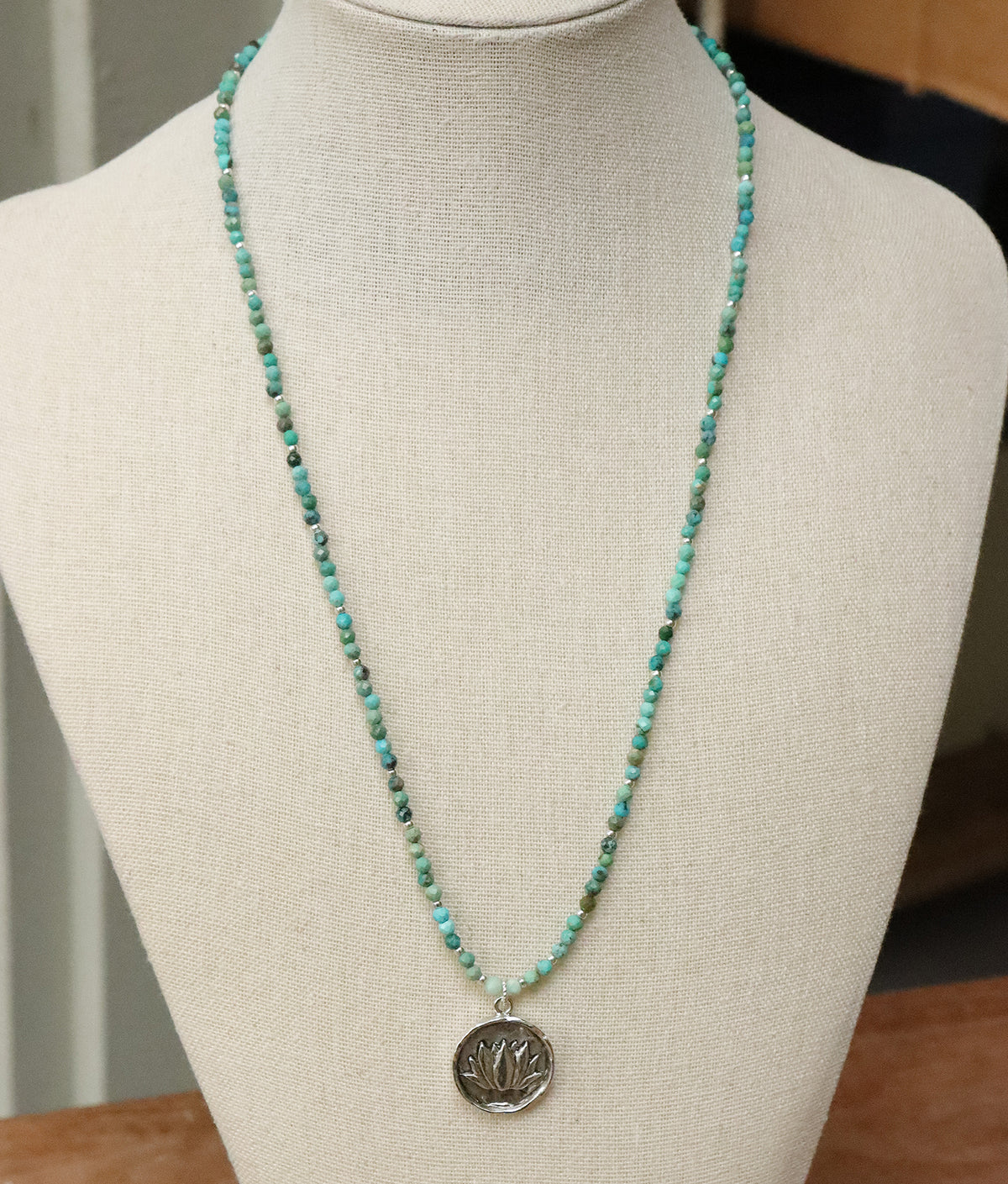 Gemstone Necklace with Large Lotus Tag in Silver