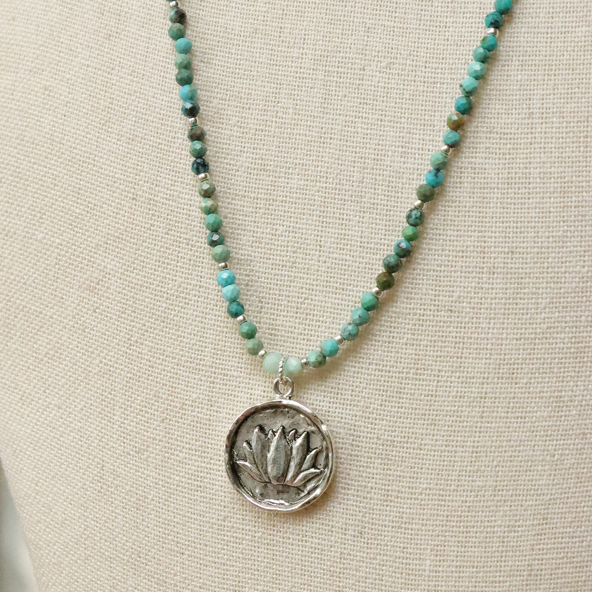 Gemstone Necklace with Large Lotus Tag in Silver