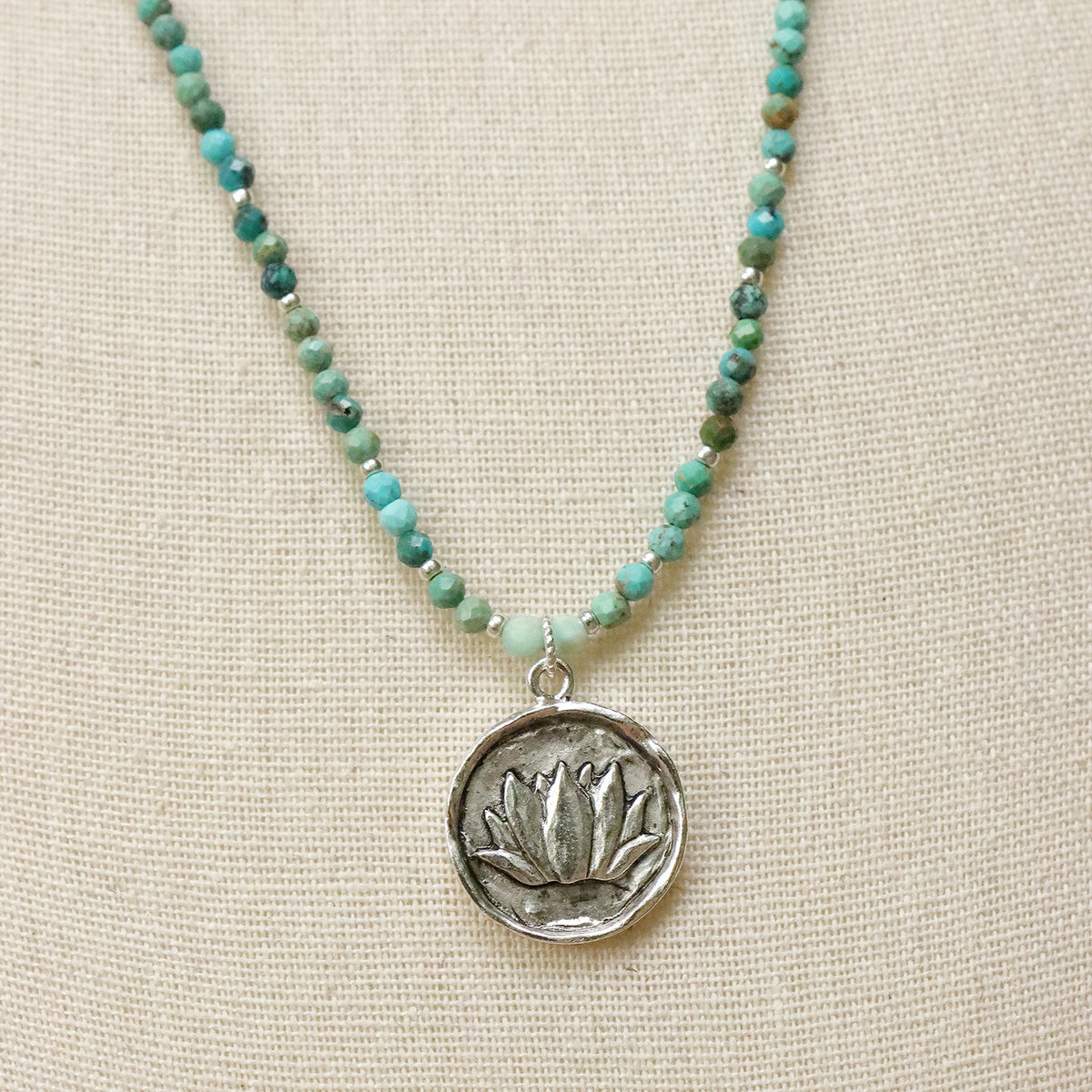Gemstone Necklace with Large Lotus Tag in Silver